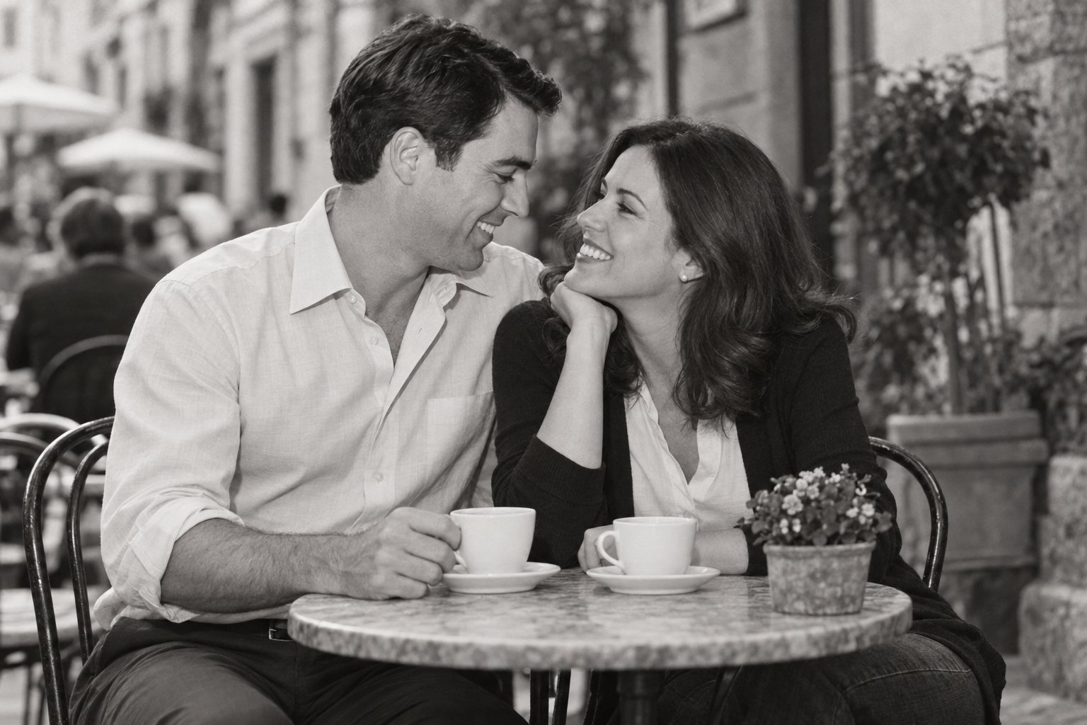 John and Mary sharing coffee at a café table